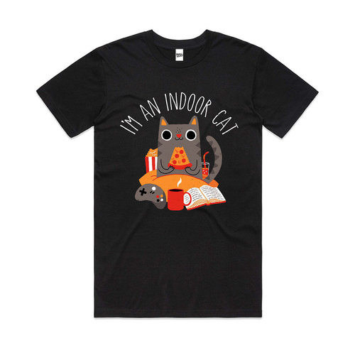 Indoor Cat Funny Pet Reading Book Slogan Cotton T-Shirt Black Size M