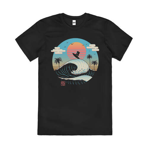 Wavy Summer Vibes Beach Retro Artsy Cotton T-Shirt Black Size M