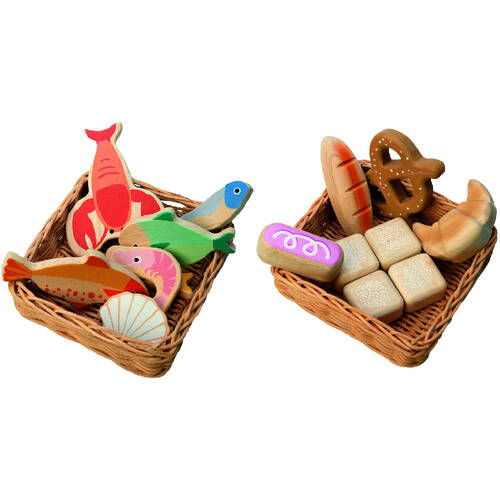 2pc Tender Leaf Toys Bread Basket & Seafood Basket Wooden Toys Set 3y+