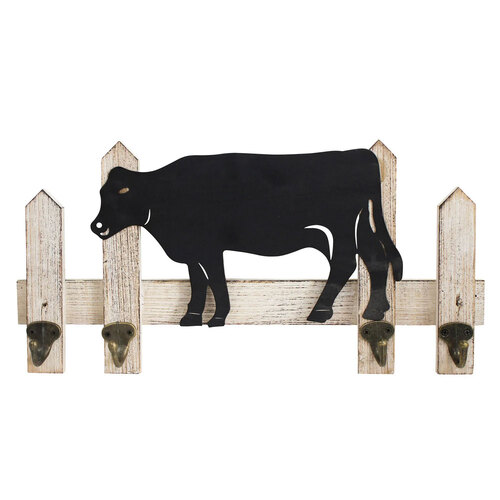 LVD Metal/Wood 41cm Wall Hanger w/ 4 Hooks Cow Home Decor