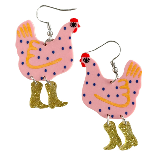 Urban Pop Cowgirl Chicken Acrylic Earrings Pink and Gold