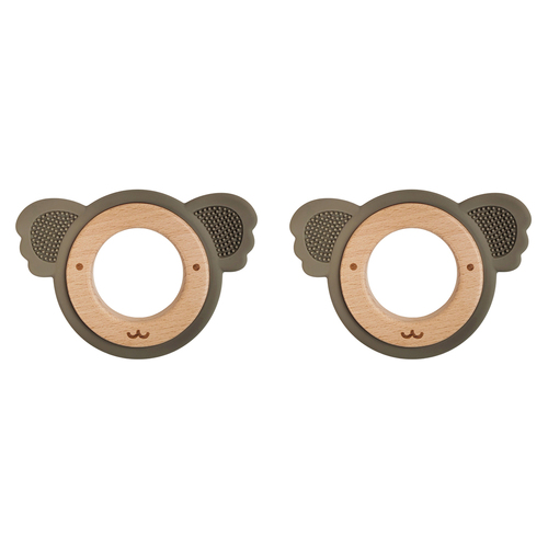 2x Urban Koala 8.5cm Silicone/Wood Teether Ring - Green & Natural