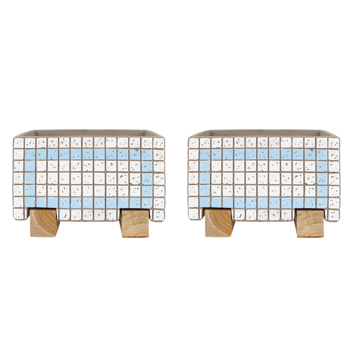 2x Urban Brix Rectangular 21cm Concrete Planter Pot - White/Blue