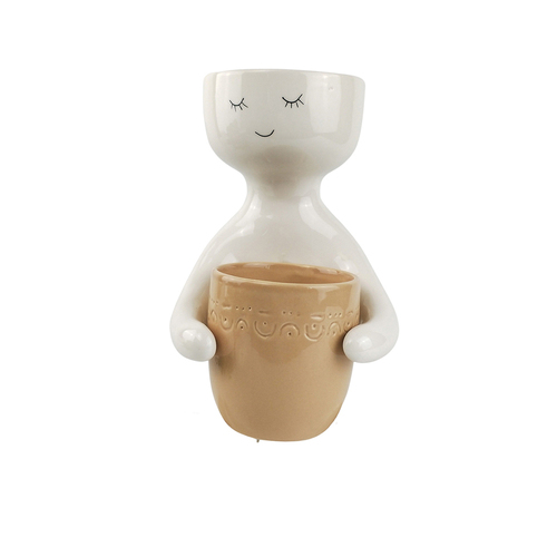 Urban 30cm Ceramic Planter Person Holding a Pot Large - Beige