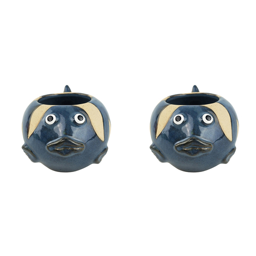 2x Urban Fish 7cm Ceramic Planter Ornament Display Pot Medium - Blue