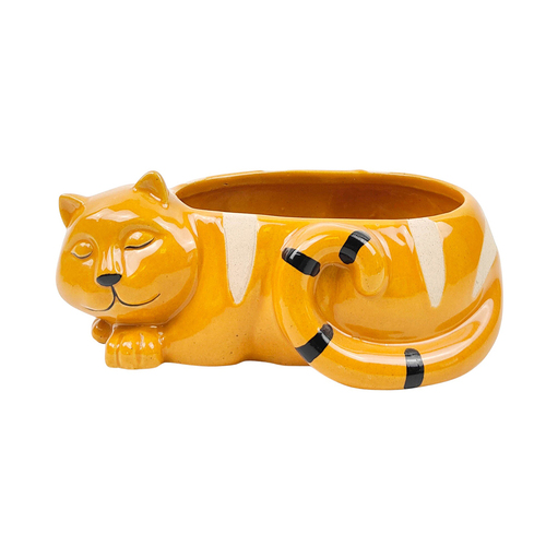 Urban Sleeping Cat 18cm Ceramic Planter Ornament Display Pot - Orange