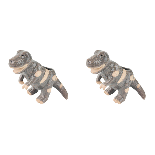 2x Urban T-Rex Dinosaur 13cm Ceramic Planter Ornament Display Pot - Grey