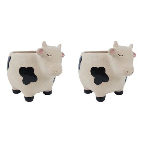 2x Urban 14cm Cow Ceramic Planter Garden Plant Pot Medium - Sand/Black