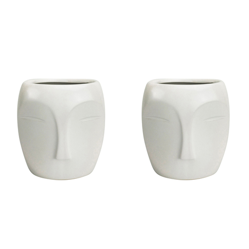 2x Urban Aztec Face 13cm Ceramic Plant/Flower Vase Display Small - White