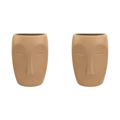 2x Urban Aztec Face 22cm Ceramic Plant/Flower Vase Display Large - Beige