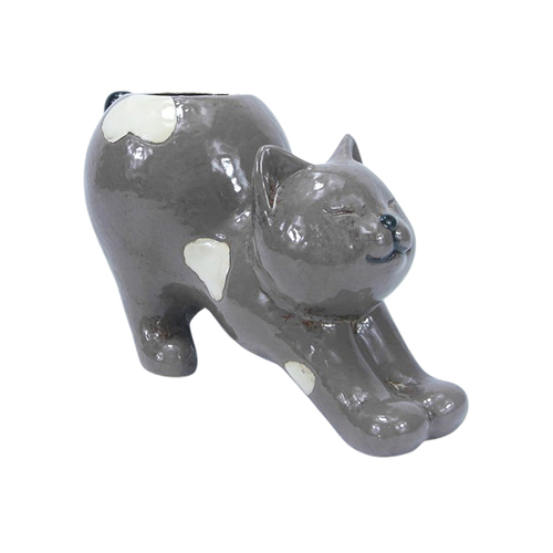 Urban Products 25cm Ceramic Stretching Cat Planter Home Decor - Grey