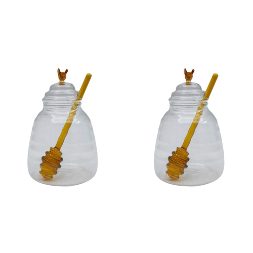 2PK Urban Bee Honey Pot with Stirrer Yellow 13cm Serveware Home Kitchen Decor