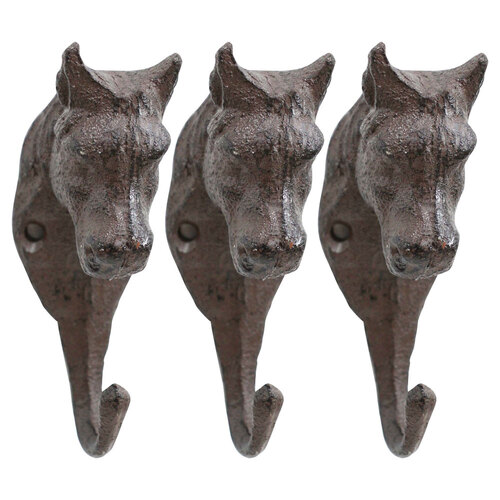 3PK LVD Hook Horse Cast Iron 11.5cm Wall Hanging Organiser Single - Brown