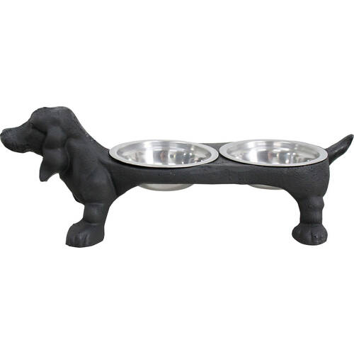 LVD Cast Iron Dog 2-Feeding Bowls 42cm Dachshund Black