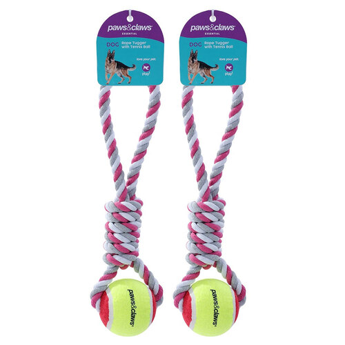 2x Paws & Claws Pet/Dog 34cm Rope Tugger/Tennis Ball - Assorted