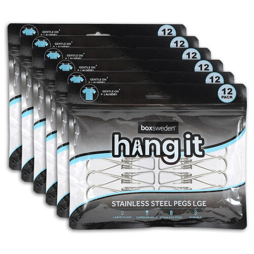 6x 12PK Hangit 8.5cm Stainless Steel Pegs Large - Silver