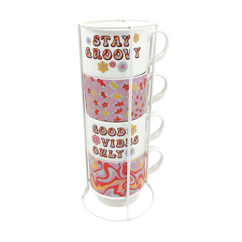 4pc Urban Retro Floral Stacked 300ml Ceramic Mugs w/ Metal Rack