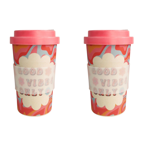 2x Urban 400ml Retro Floral Good Vibes Only Eco Mug Drinking Cup - Pink