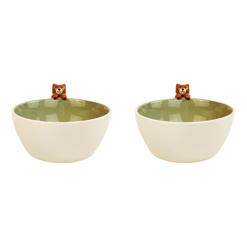 2x Urban Cute Cat Hanger 8cm Ceramic Bowl - White/Green