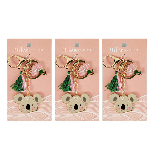 3x Urban Metal/Enamel 12cm Koala w/ Tassel Keyring - Grey & Pink