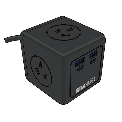 Ultracharge Power Cube 3-Socket/4-USB Port Plug - Black