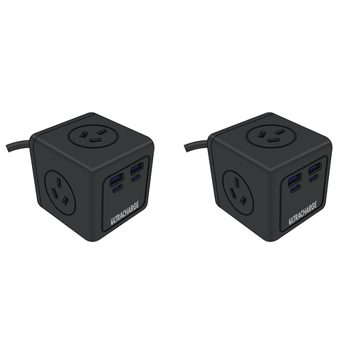 2PK Ultracharge Power Cube 3-Socket/4-USB Port Plug - Black