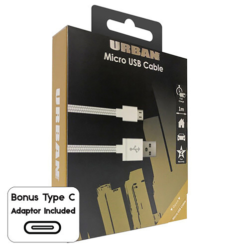 Urban Braided Micro USB 1m Cable For Data Transfer/Fast Charging - White