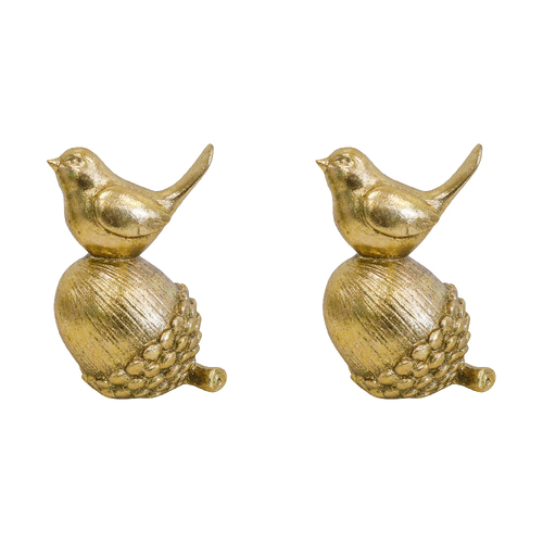 2PK LVD Polyresin Sculpture Bird On Acorn Home/Office Decor 12.3cm Gold