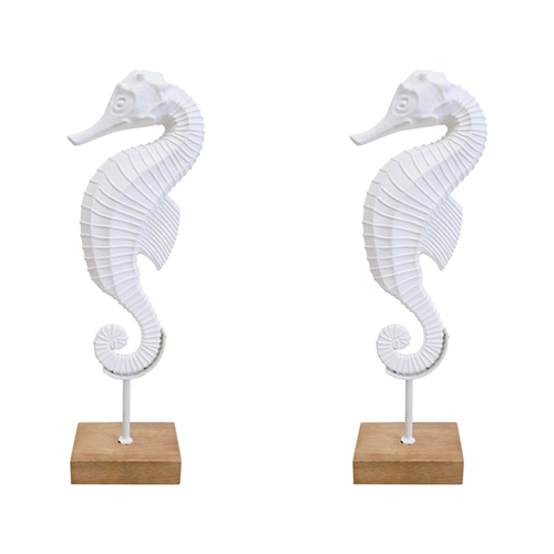 2PK LVD Iron/MDF Seahorse on Stand Home Decor 12x35.5cm - White