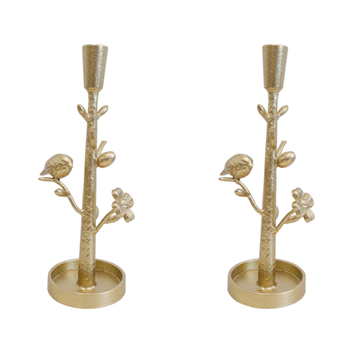 2PK LVD Birds Iron Taper/Stick Candle Holder Large Home Decor - Gold