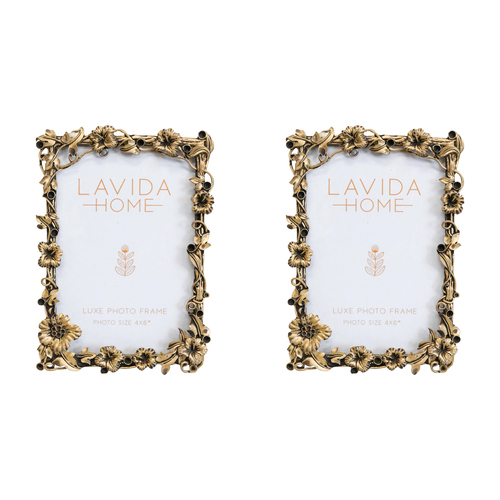 2PK LVD Pewter/Glass 4x6'' Photo Frame Floral Home Decor - Gold