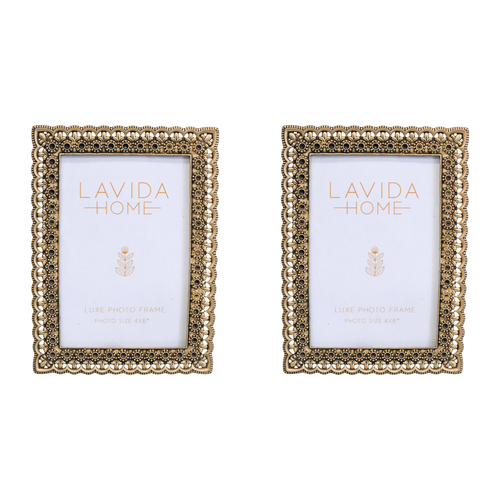 2PK LVD Pewter/Glass 4x6'' Photo Frame Lace Home Decor - Gold