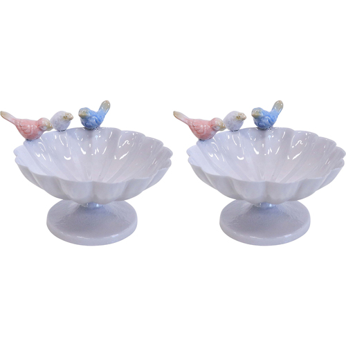 2PK LVD Iron Jewellery/Keys Trinket Bowl Birds 13x15cm - White