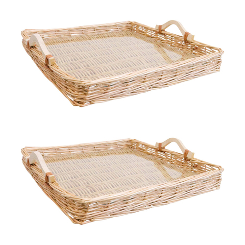 2PK LVD Woven Willow Tray Basket Square w/ Glass 45x45cm - Natural