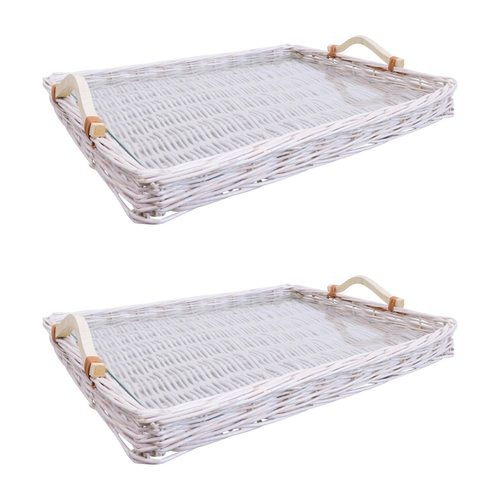 2PK LVD Woven Willow Basket Tray w/ Glass/Handle XL 54x40cm - White