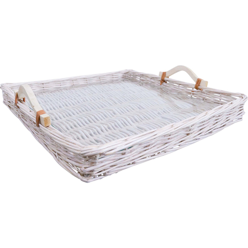 LVD Woven Wilow Basket Tray Square w/ Glass 45x45cm - White