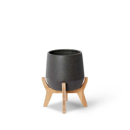 E Style Lawson 26cm Ceramic/Wood Plant Pot w/ Stand Round - Black