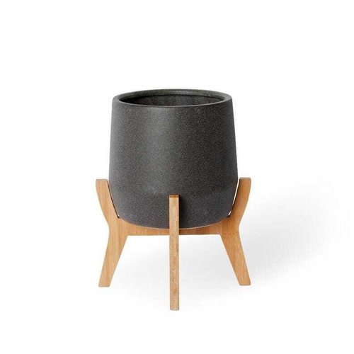 E Style Lawson 33cm Ceramic/Wood Plant Pot w/ Stand Round - Black