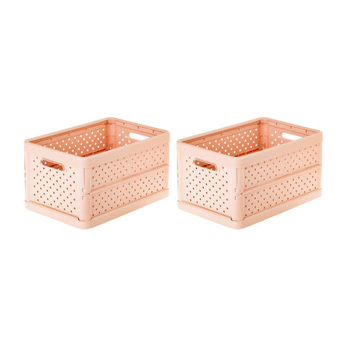 2x Vigar Compact 11.3L Plastic Foldable Crate - Peach Pink