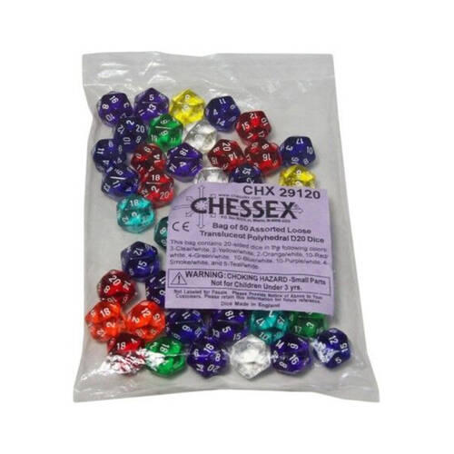 50pcs Chessex BULK D20 RPG Dice Loose Translucent Polyhedral Assorted