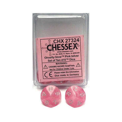 10pcs Chessex D10s RPG Tabletop Dice Ghostly Glow - Pink/Silver