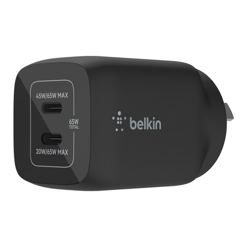 Belkin BoostCharge Dual USB-C GaN 65W Wall Charger - Black