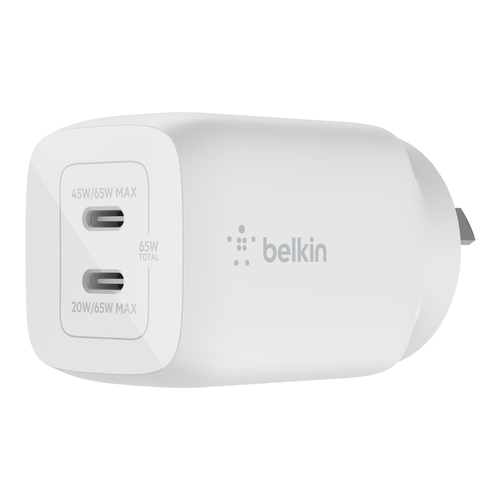 Belkin BoostCharge Dual USB-C GaN 65W Wall Charger - White