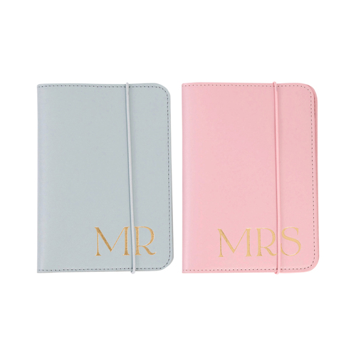 2pc Splosh Wedding Mr & Mrs Leather Passport Wallet Set 14cm - Pink/Blue