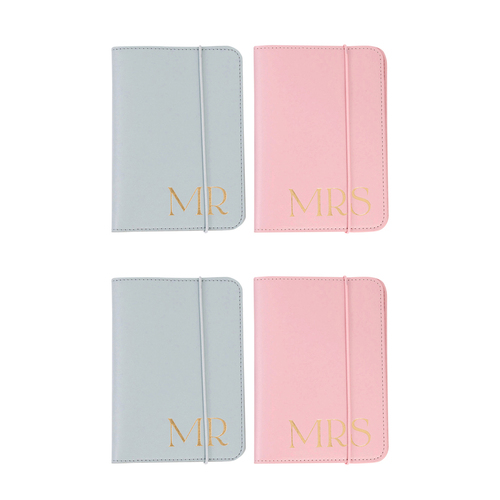 2x 2pc Splosh Wedding Mr & Mrs Leather Passport Wallet Set 14cm - Pink/Blue