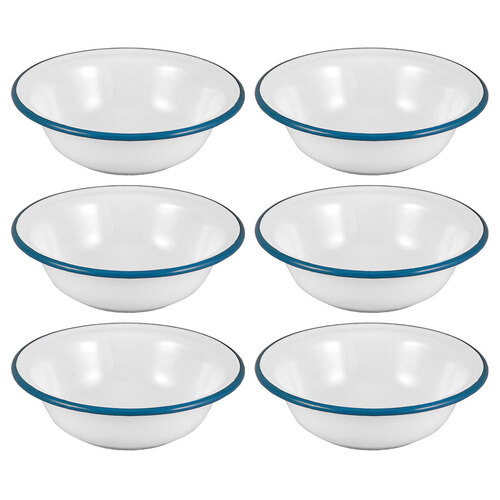 6x Urban Style Enamelware 16cm/500ml Basin/Bowl w/ Blue Rim - White