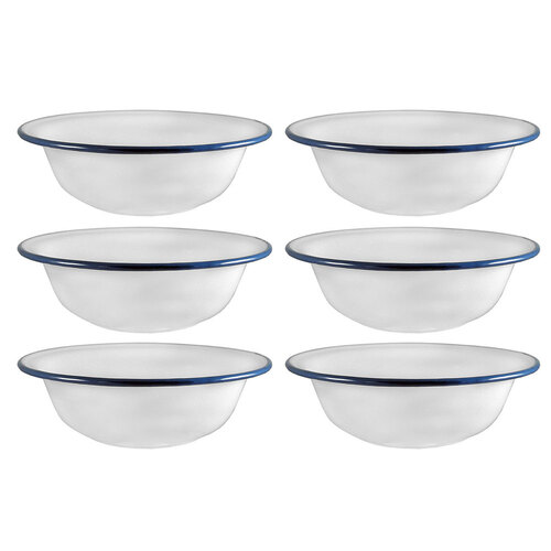 6x Urban Style Enamelware 22cm/1L Side Salad Bowl w/ Blue Rim - White