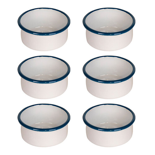 6x Urban Style Enamelware 10cm/200ml Round Bowl w/ Blue Rim White