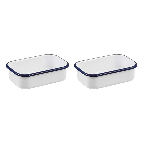 2x Urban Style Enamelware 14.5cm Multipurpose Rectangle Tray w/ Blue Rim White