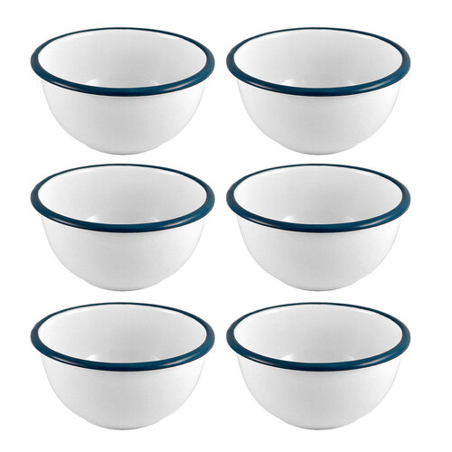 6x Urban Style Enamelware 12cm/400ml Bowl w/ Blue Rim - White